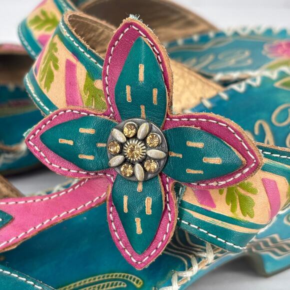 Elite by Corkys Poppy Sandals Womens Size 8 Turquoise Leather Floral Embellished - Picture 7 of 13